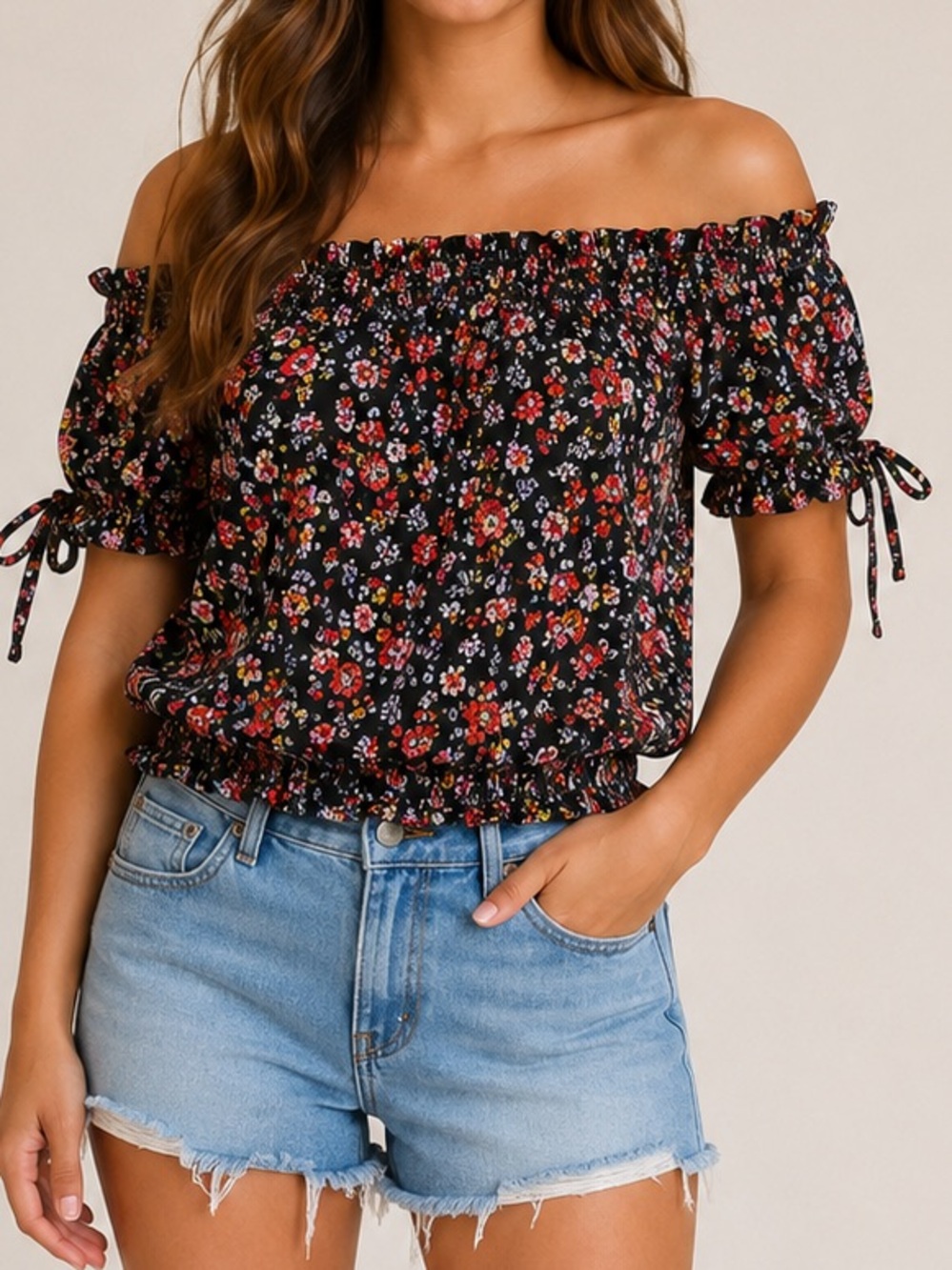 Timing Black Floral Crop Top Size Large Peasant Blouse Boho Smocked